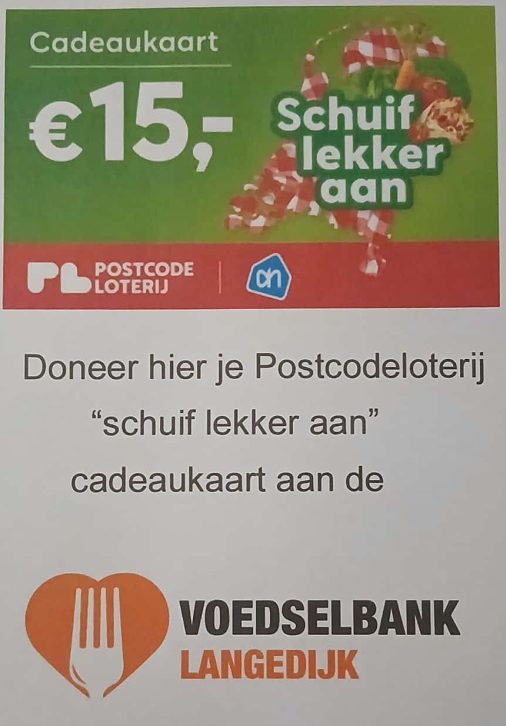 Doneer je Postcodeloterij “Schuif lekker aan” cadeaukaart aan de Voedselbank Langedijk